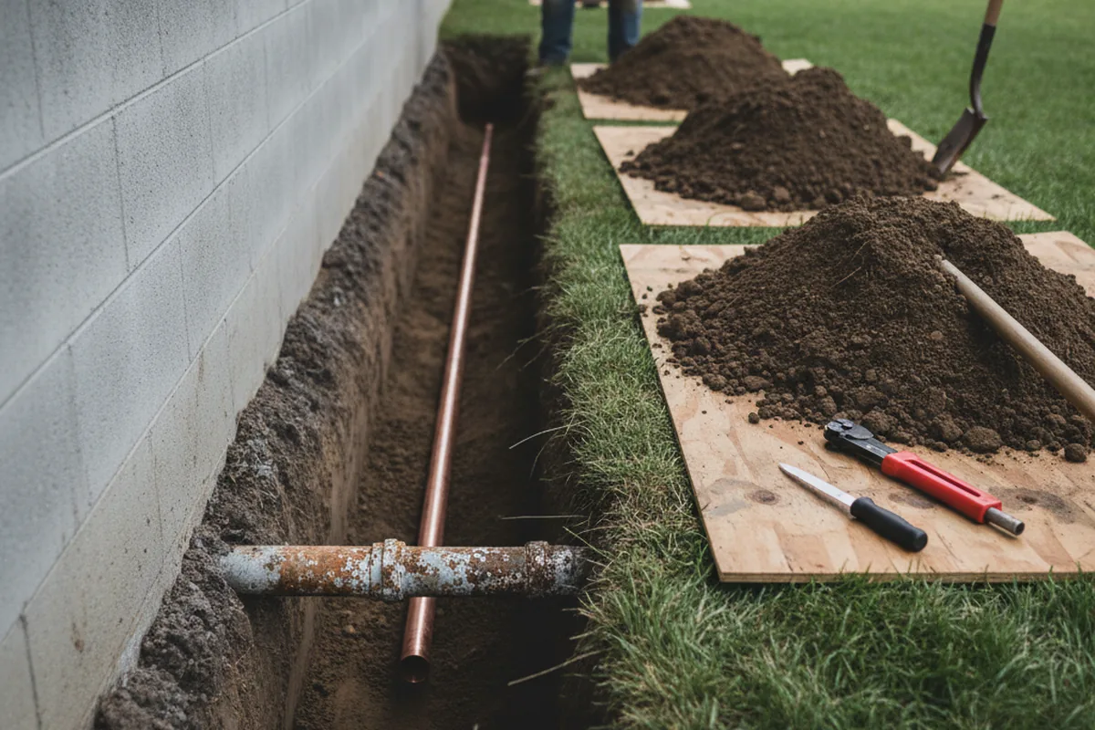 Excavated water line trench during Sewer Line Repair in Stayton